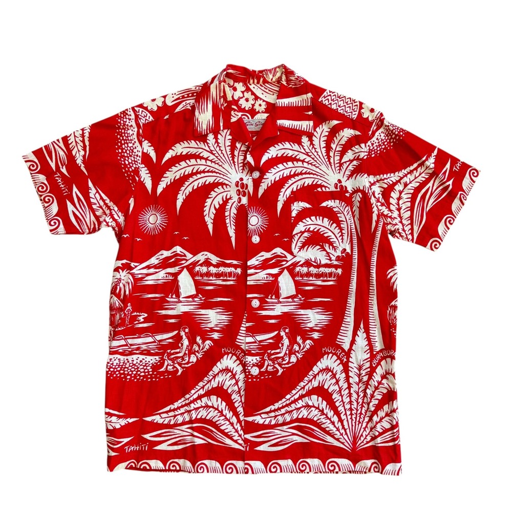 Vintage Sin Sing Papeete Tahiti Aloha Shirt Red White Moorea Bora Bora Mens L
